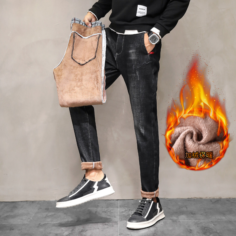2020冬季新款男式保暖牛仔裤 韩版男青年加绒加厚小直筒弹力潮裤