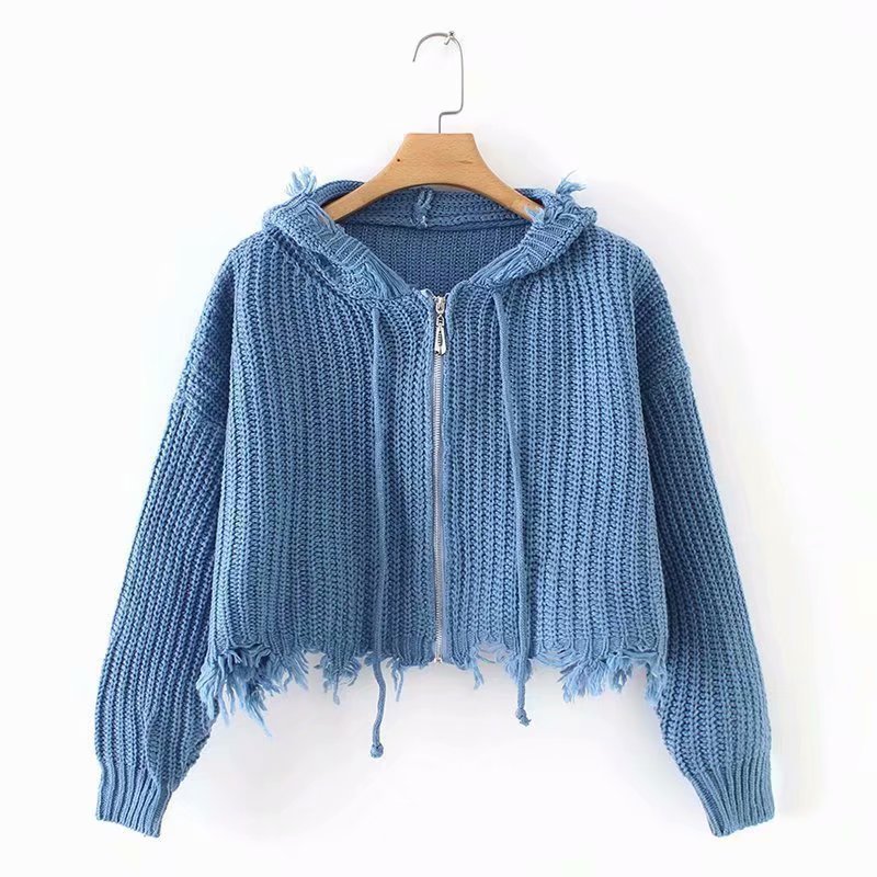 Chaqueta de Punto con Capucha y Borlas para Mujer, Estilo Europeo y Americano, Comercio Exterior Transfronterizo de Amazon, Suéter con Cremallera, Chaqueta de Punto, 2025