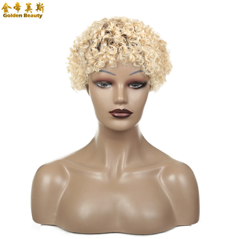AliExpress Hot Sale Real Hair Mechanism Headgear Short Curly Hair Gradient Bleached Blonde European American African Wig Women