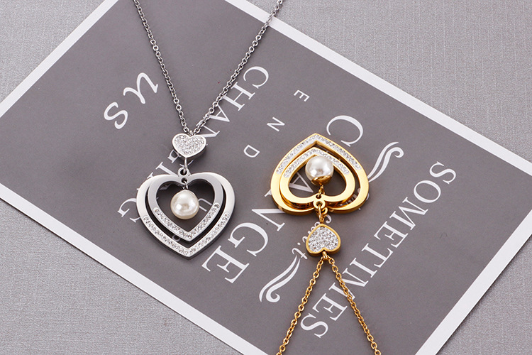 Foreign Trade Supply Korean Accessories Fashion Simple Women Heart Pearl Earrings Necklace Two-piece Ornament Wholesale display picture 7