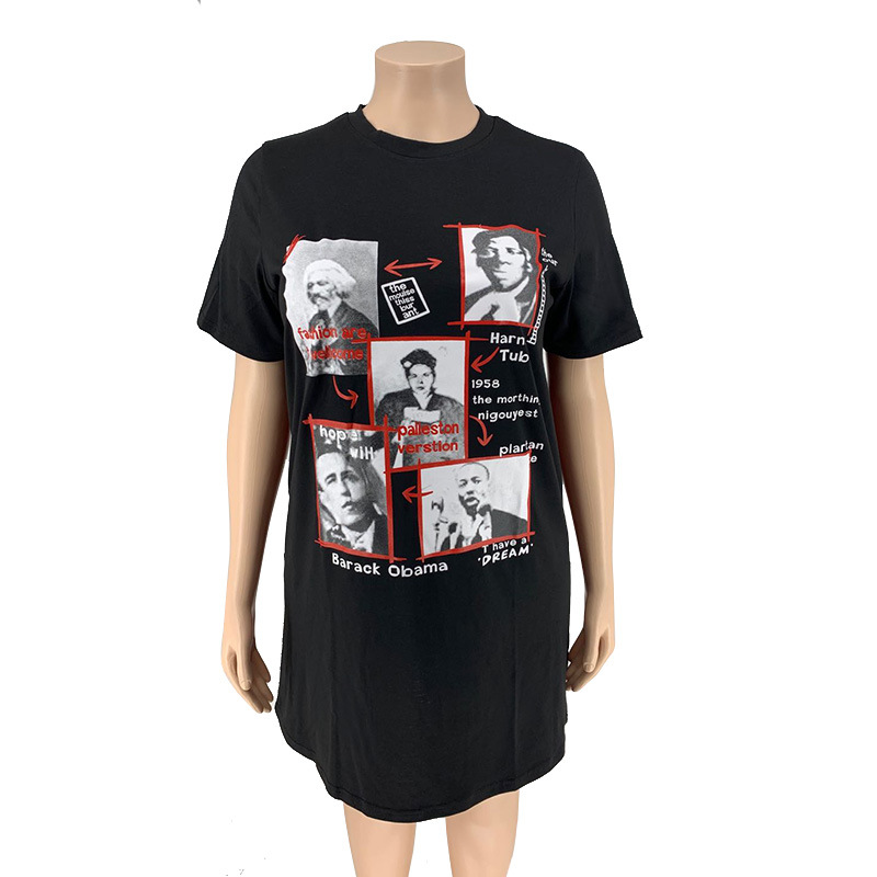 Women Casual Loose Straight Mid Length Short Sleeved Printed T shirt Women