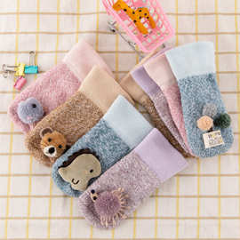 韩版秋冬加厚卡通儿童袜点子绒公仔毛线袜婴幼小童宝宝地板袜子