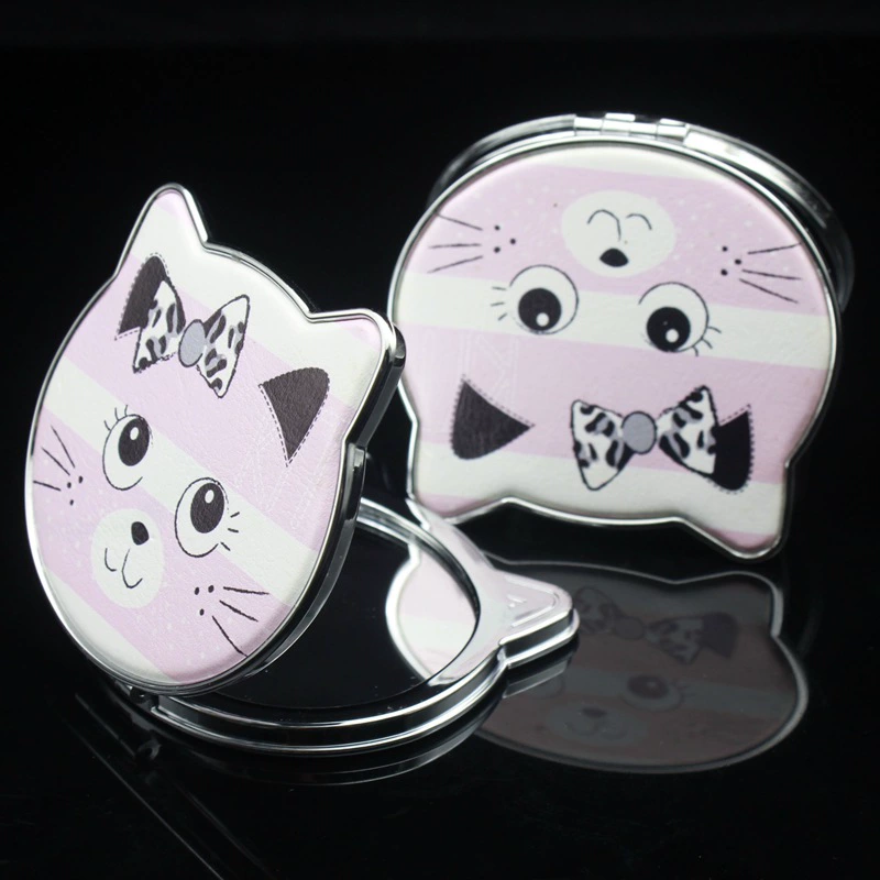 Производитель изготовил на заказ пуу сложенное зеркало для макияжа PU кожаный мультяшный кот подарок маленький зеркало свежий двухсторонний зеркало