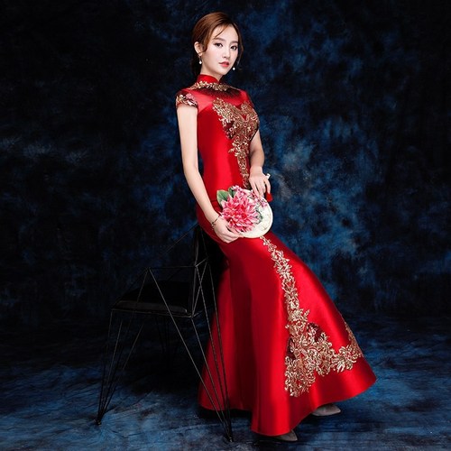 Chinese Dress Qipao for women Catwalk cheongsam banquet evening dress fishtail embroidered Sequin model show thin performance dress stage