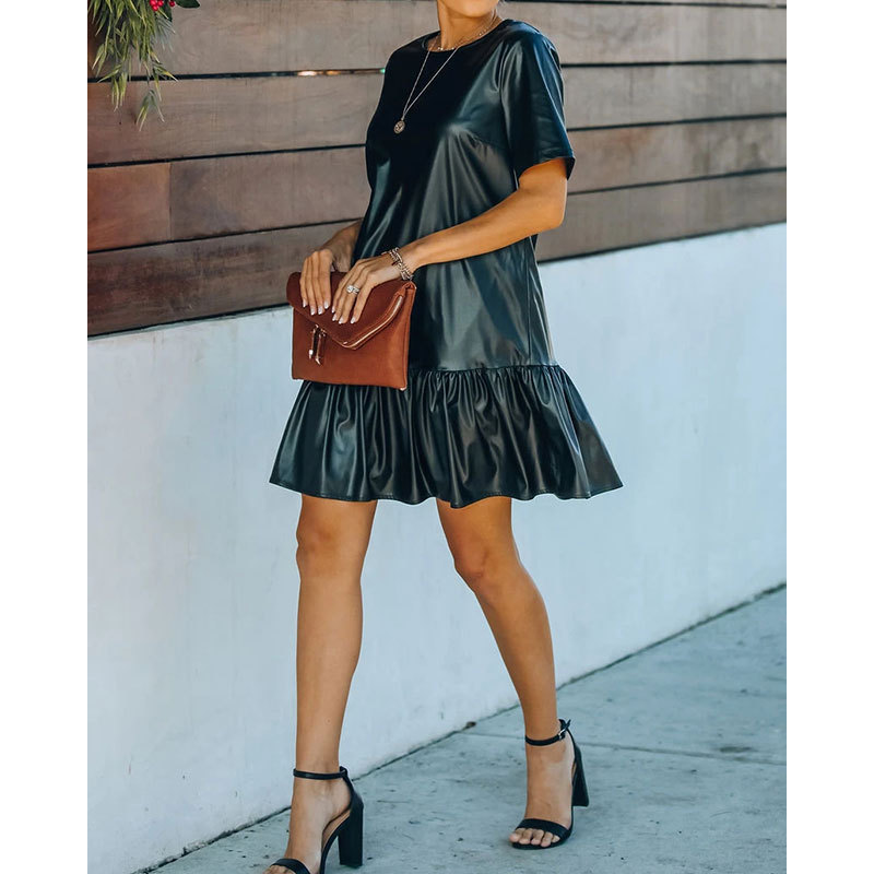 Autumn Winter Office Ruffled Loose Slimming Patent Leather Faux Leather Short Sleeve Dress