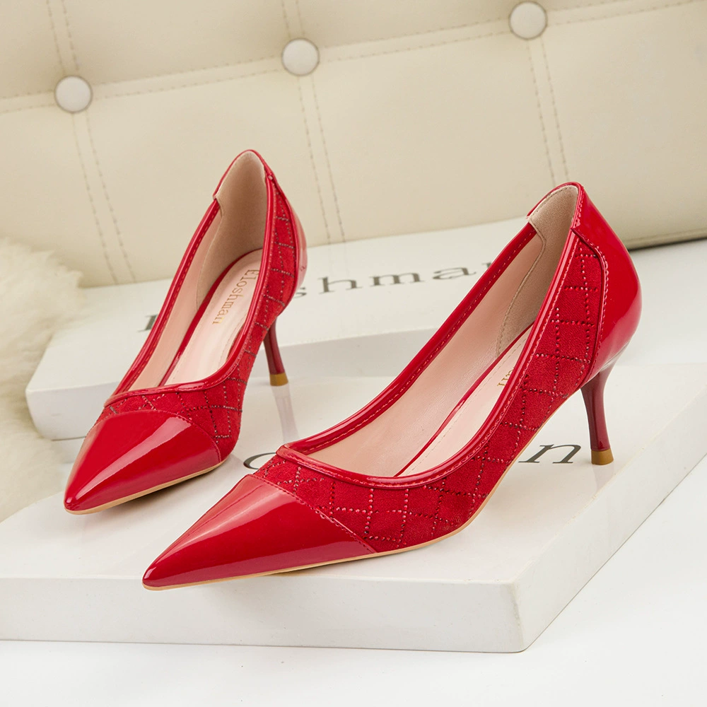 185-1 корейские сексуальные тонкие женские туфли на высоком каблуке, туфли на высоком каблуке с острым носком, в клетку со стразами и вышивкой