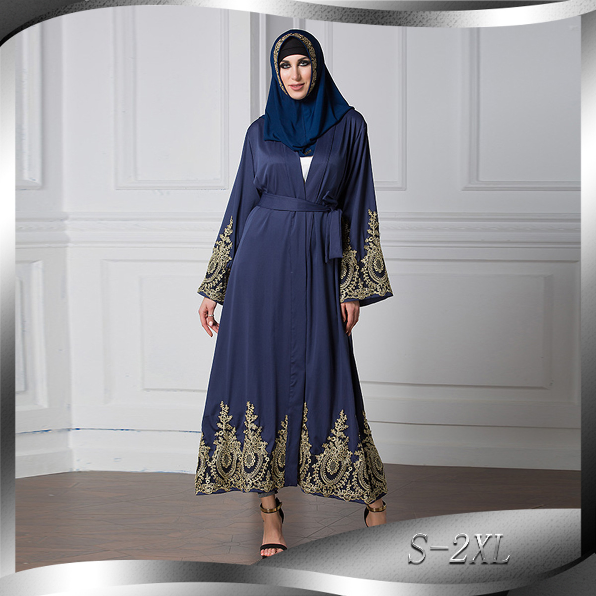 欧美金花边拼接时尚斋月开衫长袍 S-5XL Dubai Abaya 1495