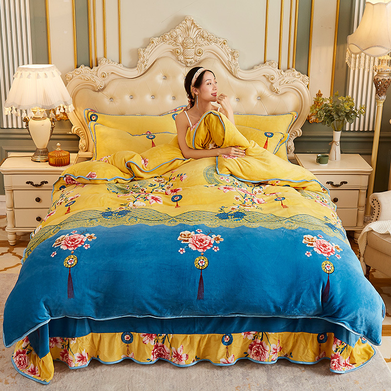 2020雙面金貂絨四件套床裙印花法蘭絨冬季加厚牛奶絨防靜電被套件