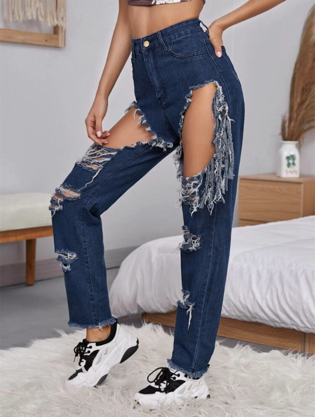 casual big hole tassel denim pants  NSYF18185