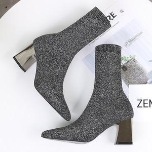 202-6欧美秋冬新款网红性感 袜子针织靴粗跟短靴高帮尖头靴子女士