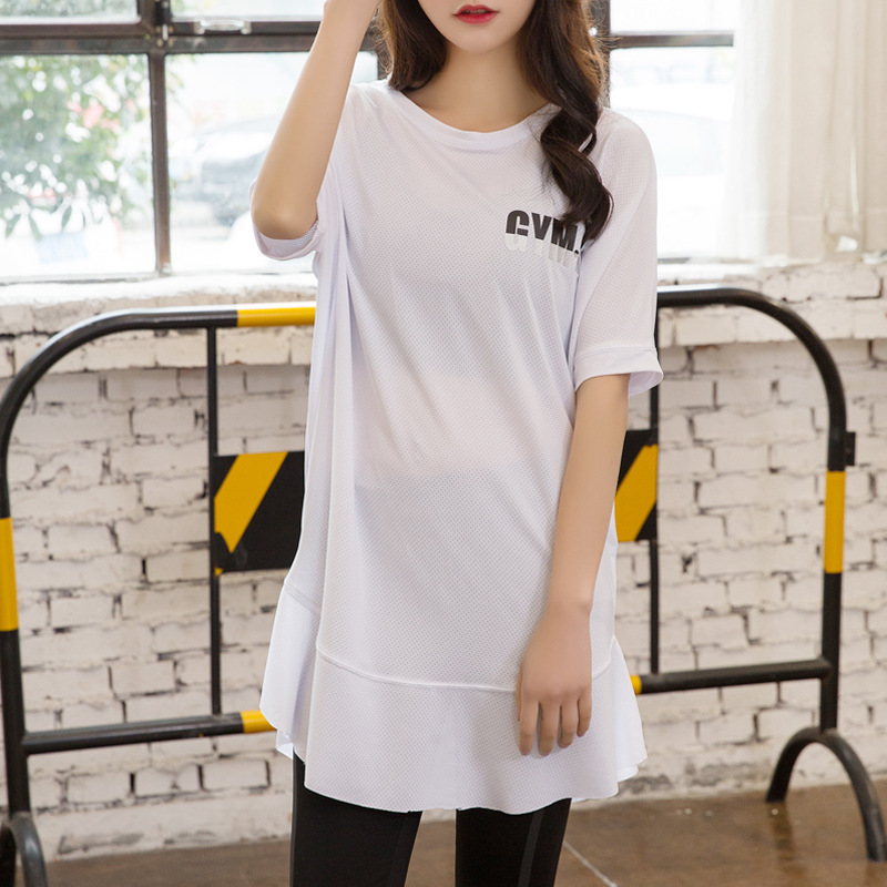 速卖通爆款瑜伽服 健身速干女T恤 透气镂空长款运动短袖上衣批发|ms