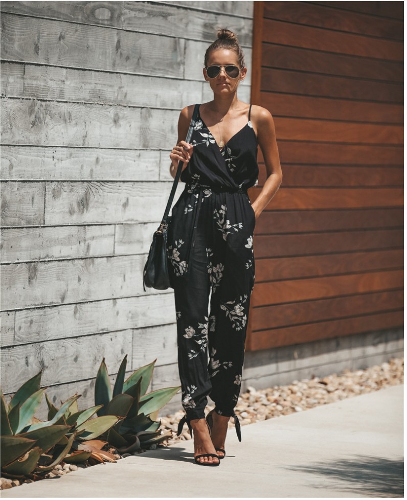 Sexy Backless Print Tied Spaghetti-Strap Cotton One-Piece Slit Pants Jumpsuit - Jumpsuits & Rompers - Uniqistic.com