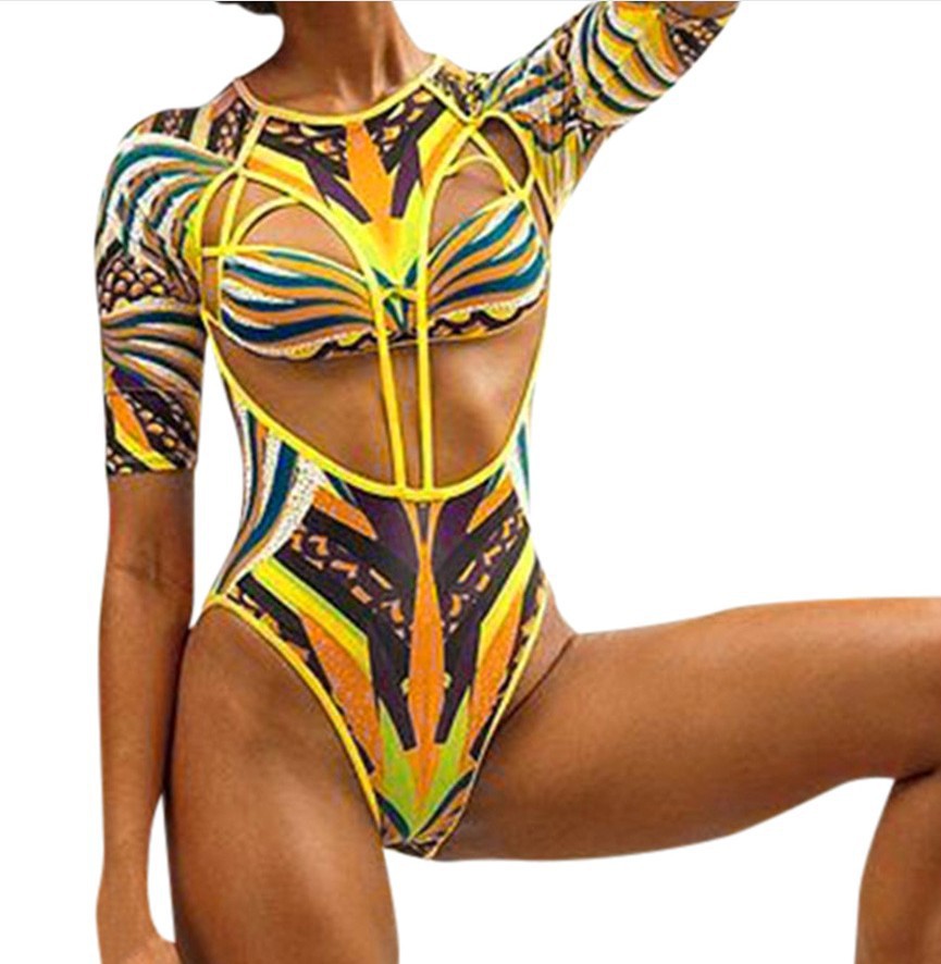 跨境2020欧美比基尼泳衣一件代发数码印花性感图腾连体泳装