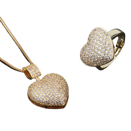 Cross-border pendant women's heart-shaped micro-set zirconia ring pendant set creative love jewelry ring set of two