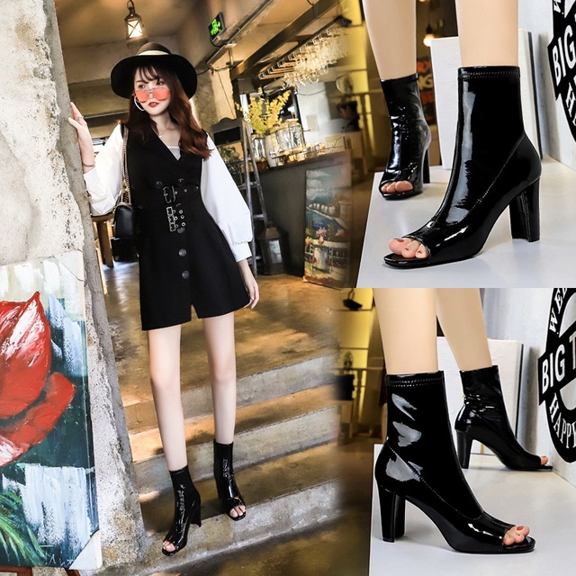 Bright lacquer leather hollow fish mouth boots sexy thin short boots