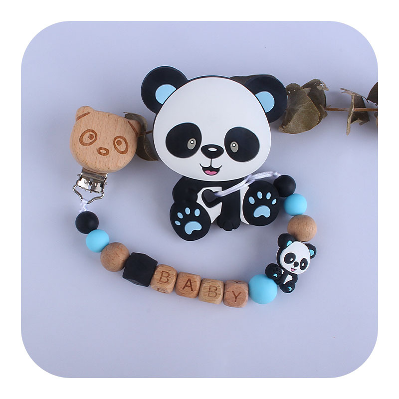 Nombre del bebé personalizable silicona pequeño Panda teether Cadena de chupete Bebé haya chupete clip de juguete de dibujos animados mordedor