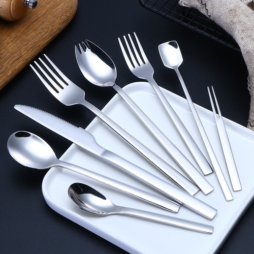 304 stainless steel tableware, Korean square handle steak knife, fork and spoon, hotel western food tableware, fruit fork, coffee spoon