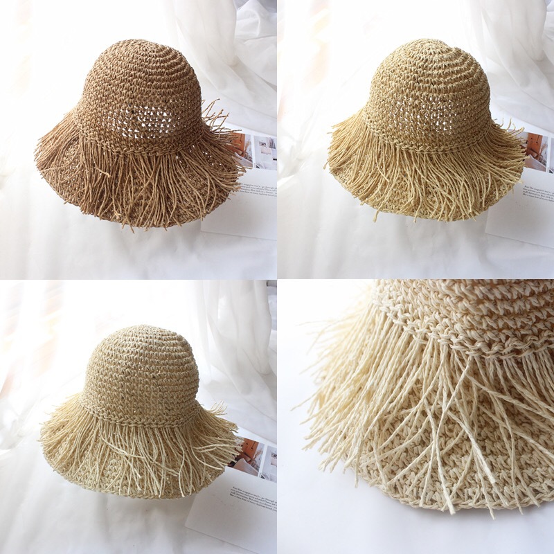 Sombrero De Paja Plegable De Verano De Mujer Borla Simple De Viaje De Ala Grande Sombrero De Protección Del Sol De Playa De Vacaciones De Playa display picture 5