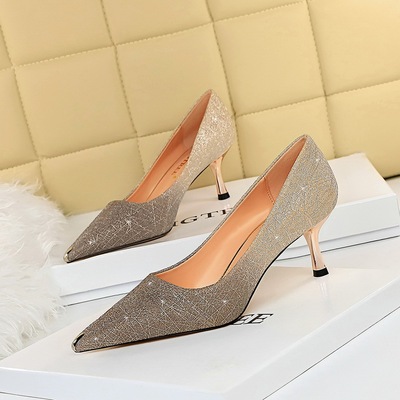 6826-A9 euramerican fashion sexy party shoes high heel with shallow mouth shining sequins metal point single shoes