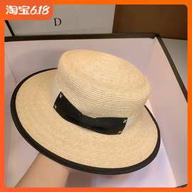 法国新款礼帽夏季网红赫本名媛风平顶帽子日系草帽遮阳度假沙滩帽