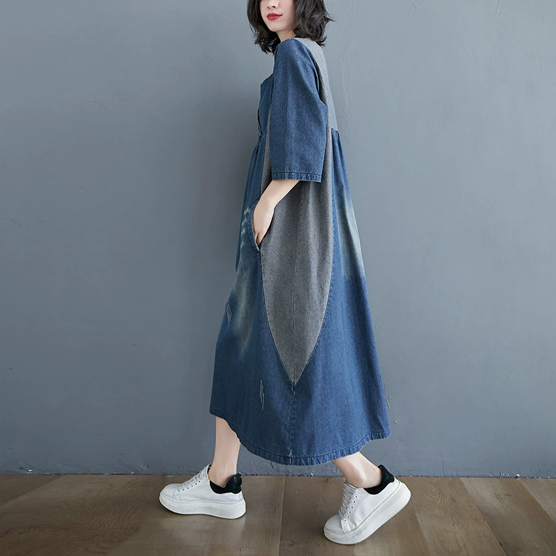 Retro long autumn denim dress, plus size, loose fit, mid-length, maxi length