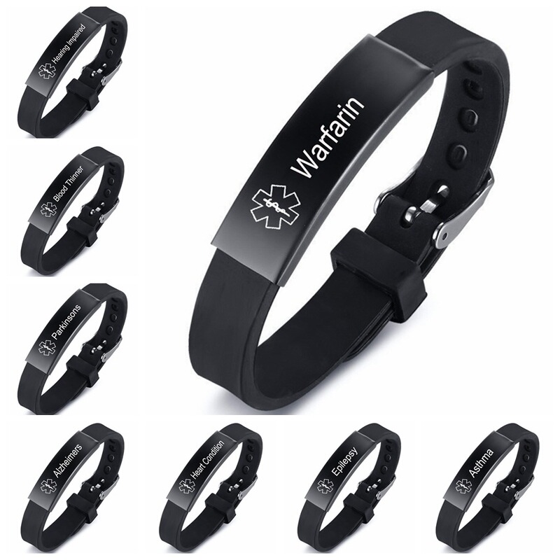 Silicone Bracelet Diabetic Bracelet Stainless Steel Life Medical Logo Warfarin Black Silicone Bracelet