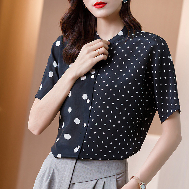 Silk blouse blouse summer wave point short sleeve Mock Neck slim silk blouse woman