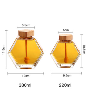 Hexagonal honey jar high-grade flat square glass bottle sealed jar wooden lid stirring rod in stock wholesale transparent honey bottle
