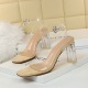 612-1 Korean fashion crystal heel, thick heel, square head, open toe, transparent one word sandal with belt buckle