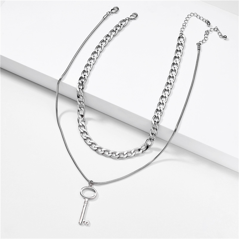 Fashion Jewelry Simple Double Snake Chain Flat Pressed Chain Multi-layer Necklace Alloy Key Pendant Wholesale Nihaojewelry display picture 3