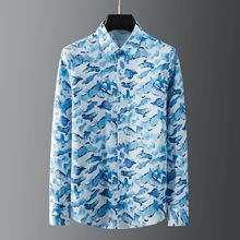 新款海洋生物艺术抽象数码纯棉直喷印花男士青年休闲长袖衬衫批发