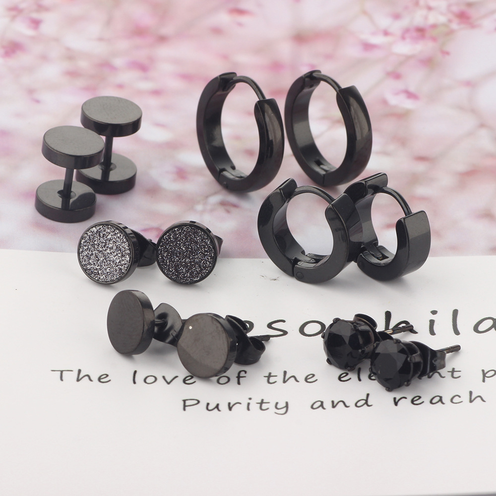 8mm Mixed Black Titanium Steel Ear Studs Set - 12 Pieces Fashion Floral Women Earrings 2023 Spring detail image 9