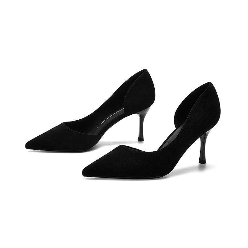 【1818-R61】黑色尖头高跟鞋侧空浅口细跟7cm单鞋绒面职业女鞋