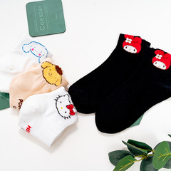 Spring and Autumn New Cartoon Japanese Style Osmanthus Dog Medium Cuff Cotton Socks for Women, Four Colors with Fleece Fabric, Creative Breathable Socks for Girls, Customizable