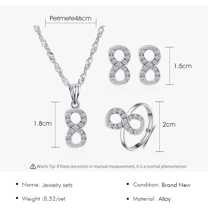 New Fashion All-match Diamond 8-shaped Necklace Earrings Ring Three-piece Jewelry Set Wholesale display picture 1