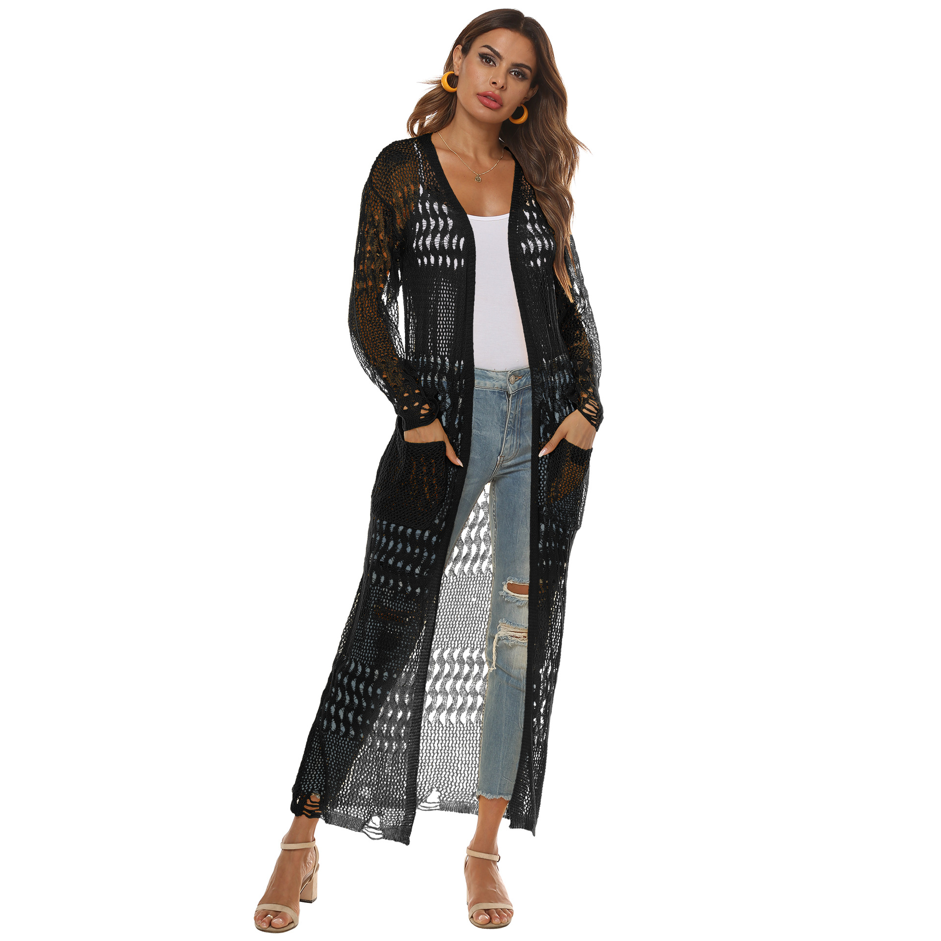 big pockets long all-match woven cardigan  NSOY32636