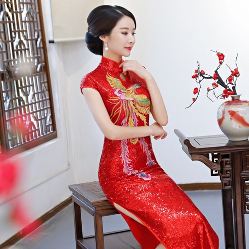 Red Sequined phoenix Chinese dresses qipao for women Cheongsam female stage performance catwalk singers host show cheongsam wedding party embroidered sequined dresses