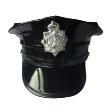 外貿八角帽男pu美國女警平頂皮帽角色扮演黑色皮革大檐制服帽定制