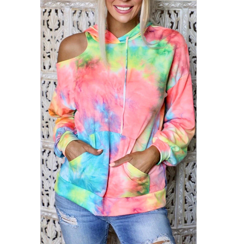 tie-dye printing off-shoulder long-sleeved pocket hooded sweater NSZH28687