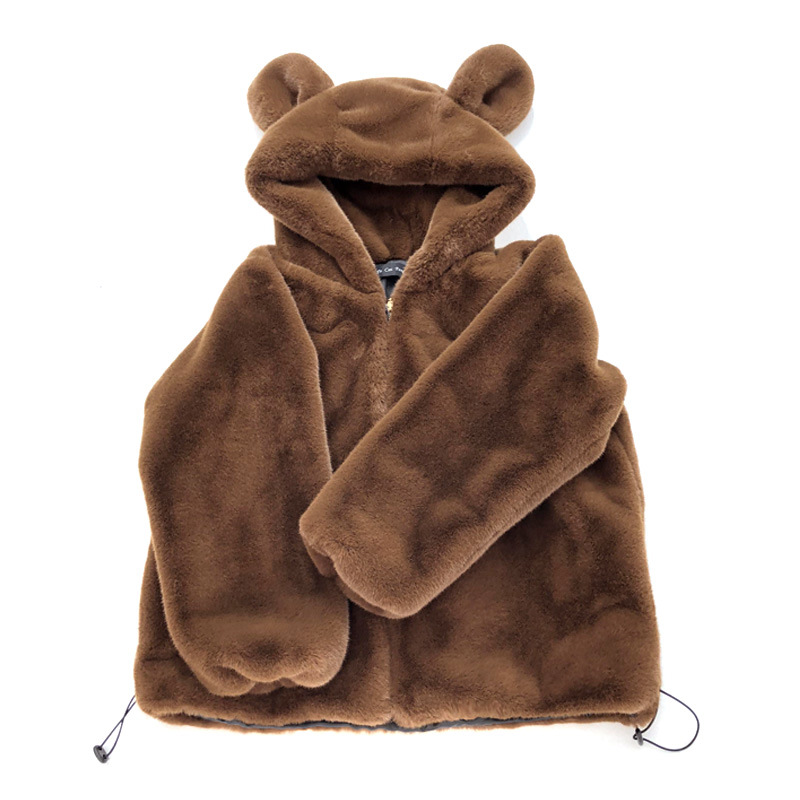 Palton damă din blană artificială cu glugă și urechi de urs_voghion.com