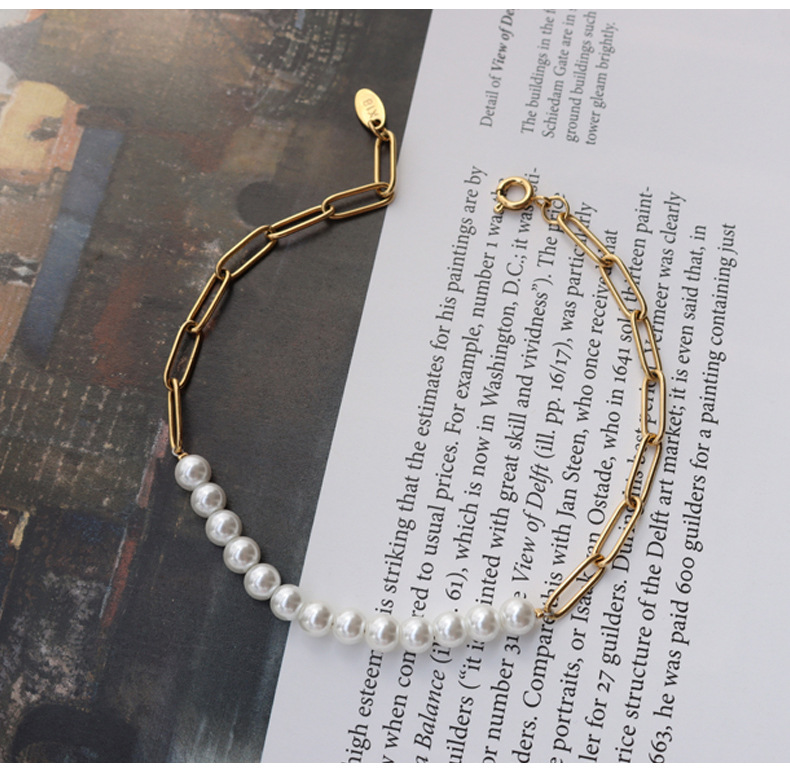Fashion Half Stitching Chain Pearl Titanium Steel Plated 18k Gold Necklace Bracelet display picture 5