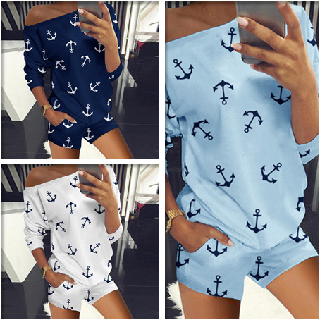 women s round neck anchor printed long-sleeved shirt casual suit NSYF2175