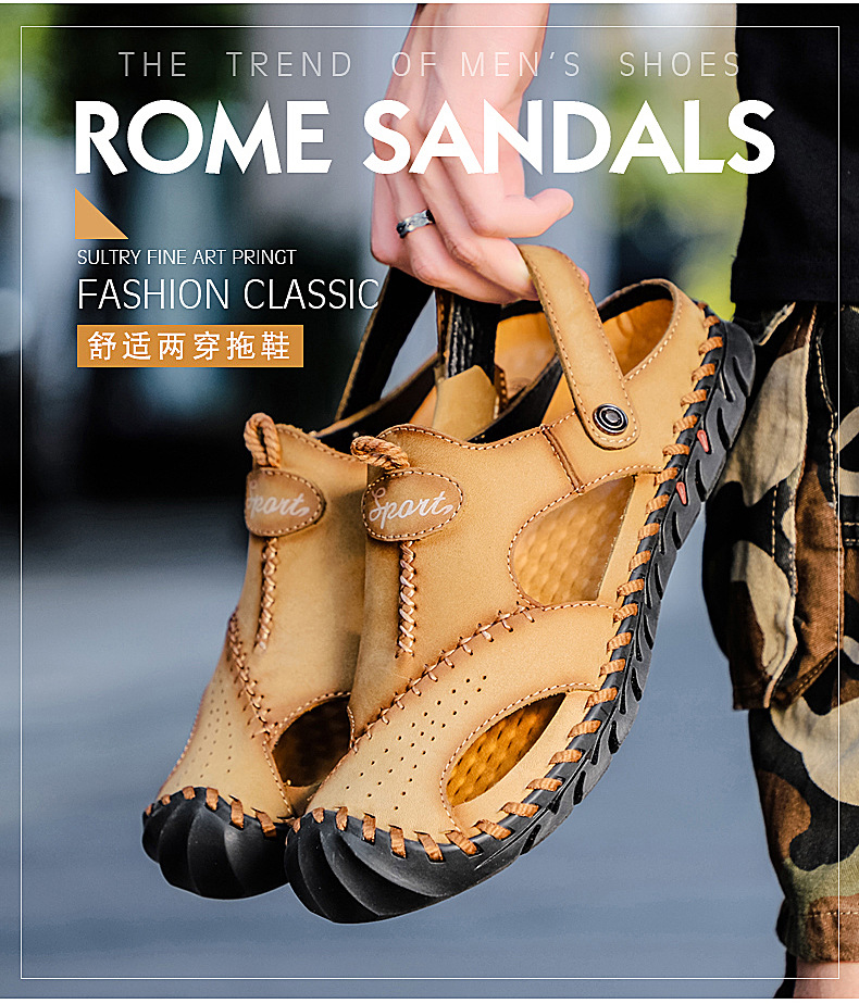 Cross-border large-sized genuine leather men's sandals, beach flip-flops, two-in-one men's casual cool leather shoes, top layer cowhide men's shoes, breathable details Picture