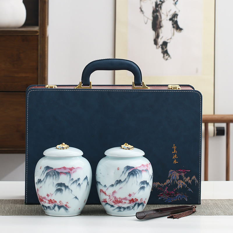 新款高档皮盒茶叶包装礼盒空盒红茶绿茶叶罐陶瓷密封罐双罐一斤装|ms