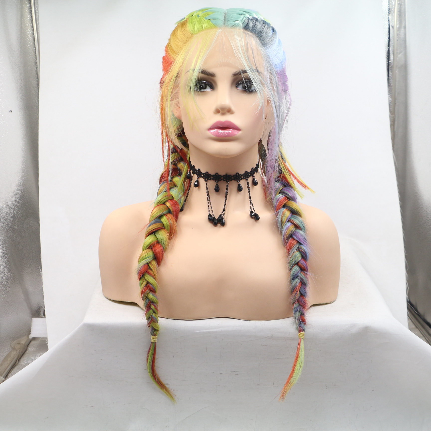 Comercio exterior Europa y América moda fibra química pelucca mujer colorida cabello largo recto pequeño trenza de seda de alta temperatura cubierta de cabeza al por mayor