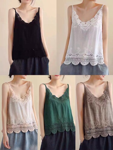 Cotton art lace hollow lace camisole new summer style loose simple inner bottoming shirt top