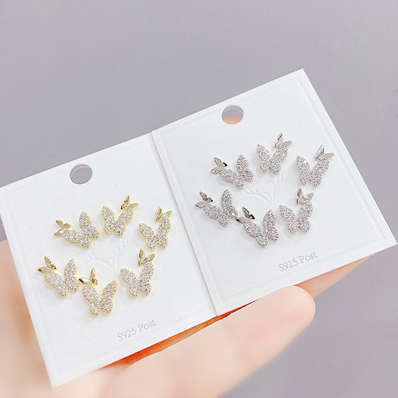 Fashion Butterfly Copper Ear Studs Inlay Zircon Copper Earrings 3 Pairs display picture 1