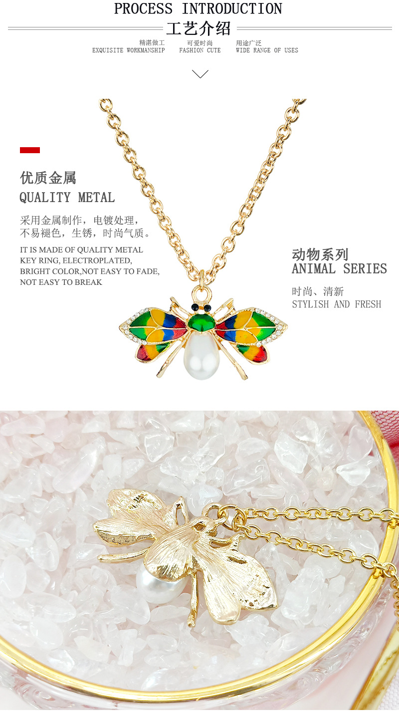 New Fashion Simple Alloy Painting Oil Bee Pearl Rhinestone Insect Shape Necklace Pendant display picture 4