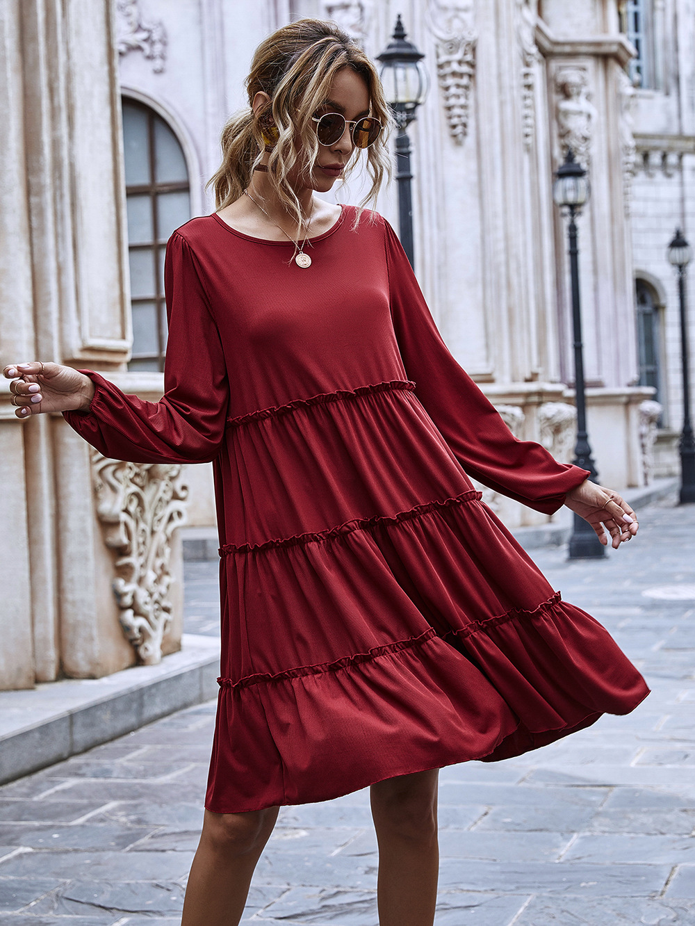 hot style round neck large swing skirt ruffled stitching long-sleeved knitted dress NHDF62