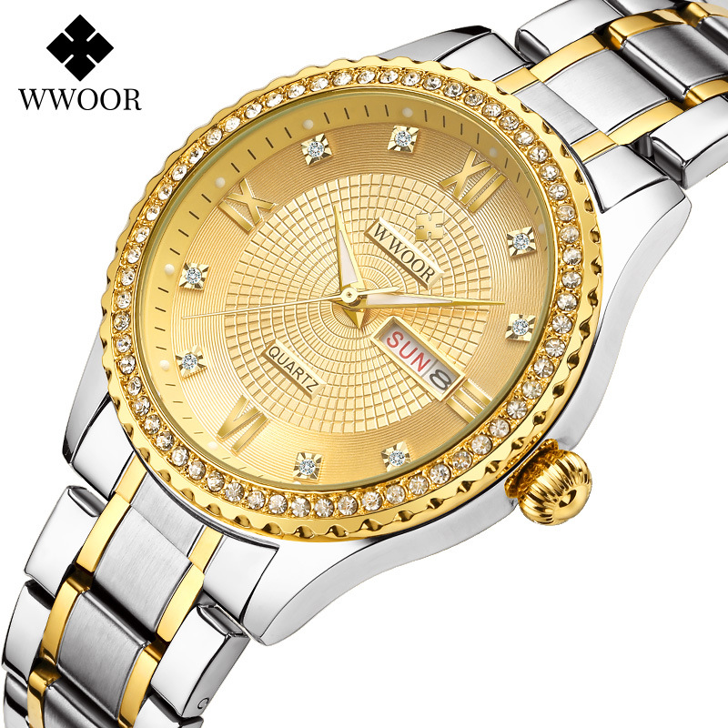 WWOOR Holding Love nueva pareja casual reloj de cuarzo para hombre calendario impermeable rhinestone reloj de moda para mujer 8856